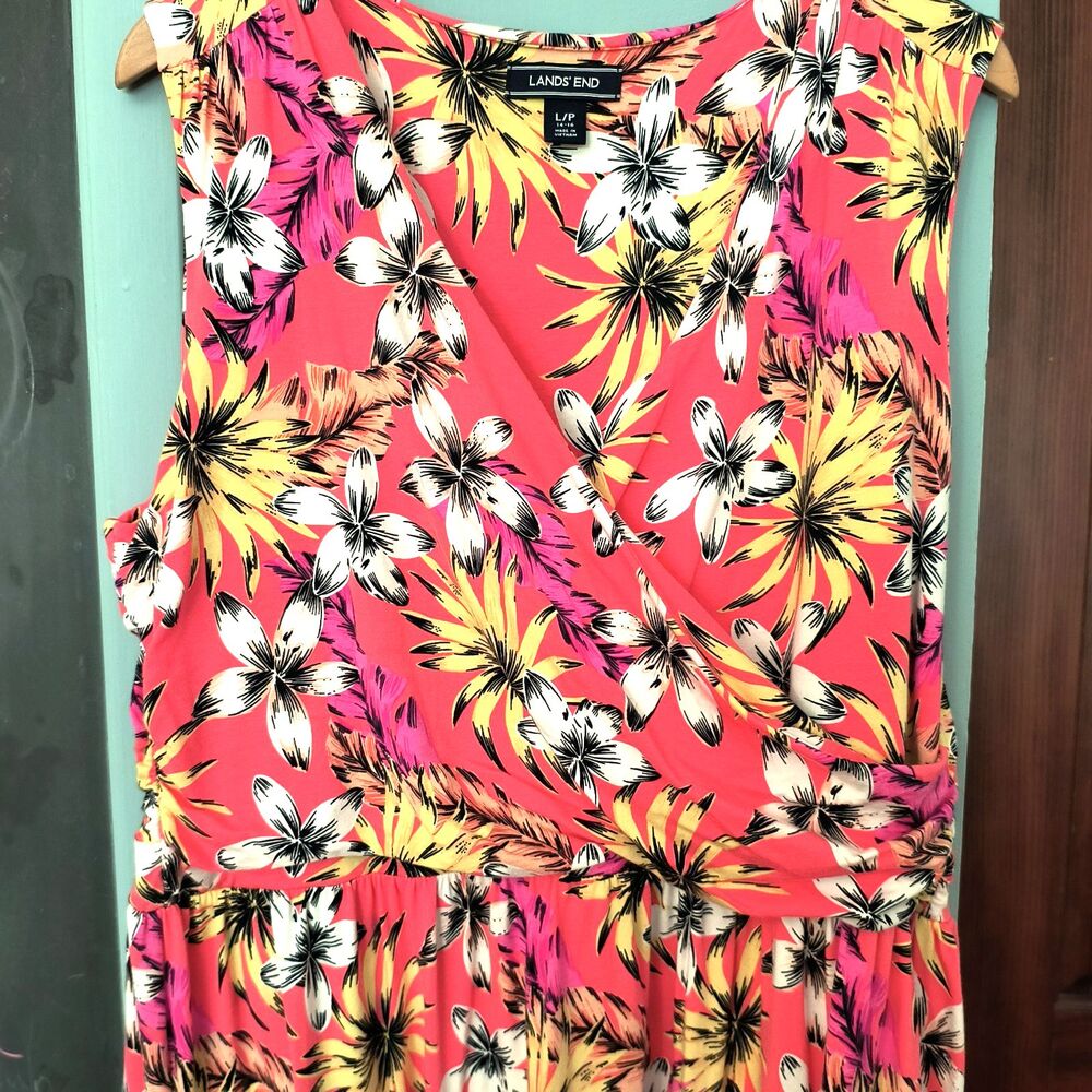 Lands' End Maxi Dress L Multicolor Floral Surplice Faux Wrap Sleeveless Coastal